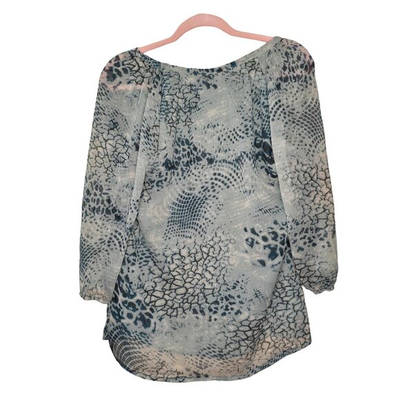 Maheb Women's Blue Patterned Sheer Blouse LG Lined Bodice 3/4 Sleeves - Picture 6 of 6